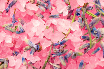 Natural lavender pink sea salt macro texture background. Organic spa dry flowers herb craft cosmetic