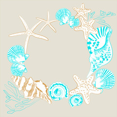 Frame of Sea shells. Hand drawn vector illustration  in vintage style.  Print design for t-shirts, fabrics, sweatshirts,  wedding invitation.
