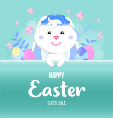 Colorful Happy Easter greeting card with rabbit, bunny, spring flowers and text. Sale banner with Colorful Eggs.Vector illustration. 