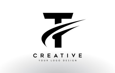 Creative T Letter Logo Design with Swoosh Icon Vector. - obrazy, fototapety, plakaty
