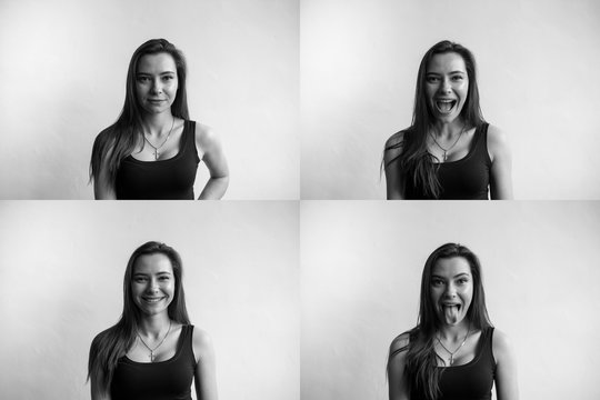 Set of black and white photo of young woman's portraits with different emotions. Young beautiful cute girl showing different emotions. Laughing, smiling, anger, suspicion, fear, surprise.