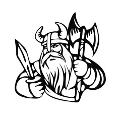Viking warrior in fighting pose with an ax and a sword. Hand drawn black and white stock vector illustration, design for tattoo and logo.