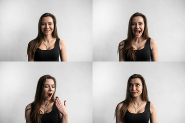 Set of young woman's portraits with different emotions. Young beautiful cute girl showing different...