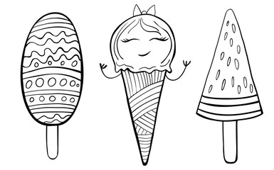 Zentangle ice cream set for coloring book for adult. Vector illustration.