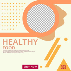 ILLUSTRATION HEALTHY FOOD PROMOTION DISCOUNT 50% OFF, SOCIAL MEDIA TEMPLATE DESIGN BACKGROUND VECTOR