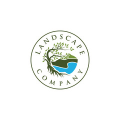 Tree and roots logo design vector isolated on beach and mountain Landscape