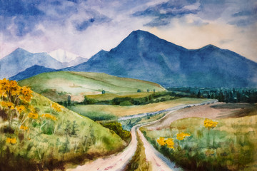 Watercolor illustration. Landscape of a mountain valley sunset, sunrise. Art painting.