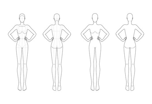 Fashion template 9 head for technical drawing with and without main lines. 