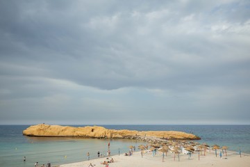 Seaview of embankment on the central city beach of Monastir from the promenade, Tunisia, North Africa