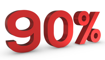 Number Ninety Percent 90% Red Sign 3D Rendering Isolated on White Background