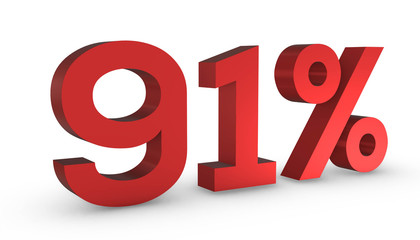 Number Ninety One Percent 91% Red Sign 3D Rendering Isolated on White Background