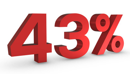 Number Fourty Three Percent 43% Red Sign 3D Rendering Isolated on White Background