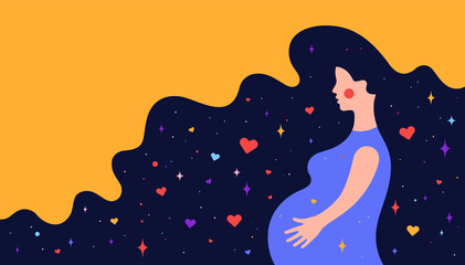 Modern flat character. Pregnant woman with dream universe. Simple character of pregnant woman with universe starry night and love symbols in hair. Concept in flat graphic. Vector Illustration