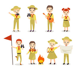 Scouts flat vector illustrations set. Children with hiking equipment, summer camp activities. Camping, outing, summertime leisure. Little campers, preschool kids in scout uniform cartoon characters.