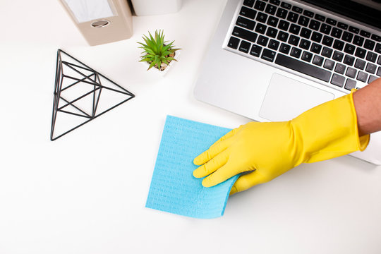 Hand Wiping Office Desk. Cleaning Table.