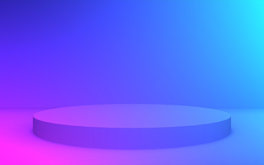 3d purple blue neon light cylinder podium minimal studio gradient dark colors background. Abstract 3d geometric shape object illustration render. Display for nightclub party and technology product.