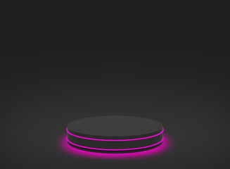 3d red neon light with black cylinder podium minimal studio black dark background. Abstract 3d geometric shape object illustration render.  For technology business game and black friday product.