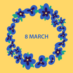 Flat floral wreath template - 8th of march. Circle frame in Scandinavian style. Spring holiday greeting card design. Vector hand drawn frame for Women’s day, fabric, posters, prints, cards