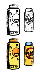 Hand drawn vector illustration. Set of contour and color drawing isolated on white. Sunblock protective cream, Insect spray. Doodle element for design, sticker. Vintage, ink sketch, realistic style.