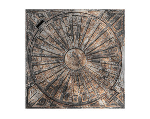 Rusty manhole cover, grunge manhole cover. Isolated on white background. One of the urban and street symbols.