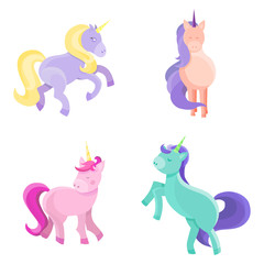 Vector set of unicorns. Magical animals in cartoon style.