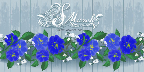 The garland is seamless with blue and white flowers on a wooden background. Congratulations on March 8, Valentine's Day, wedding day, birthday