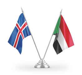 Sudan and Iceland table flags isolated on white 3D rendering