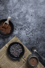 Different types of chocolate in cocoa bean, chocolate powder and chocolate chips 