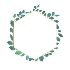 golden polygonal vintage frames with leaves and eucalyptus. Vector image