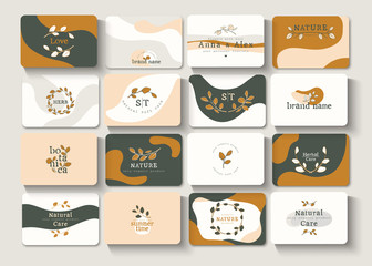 Big floral set of logos with leaves. Template for the  business cards, posters, banners, stamps and labels for florists, organic products, artists.