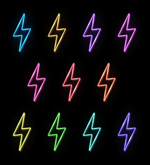 Realistic 3d color neon light sign set of lightning bolt on black background for flyer banner covering. Light energy symbol. Concept of lightning, thunder electricity power. Bright vector illustration