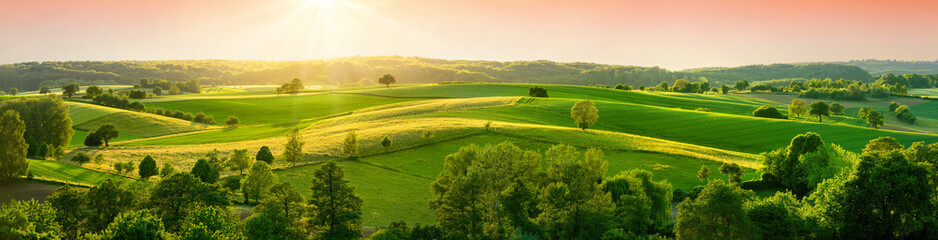 Panoramic landscape with beautiful green hills and warm sunshine illuminating the fields - obrazy, fototapety, plakaty