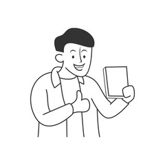Man holding book in line art. Vector Illustration.