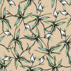 Tropical background, hand-drawn green plants. Seamless vector pattern for fabric, tile and paper. Beige textile.