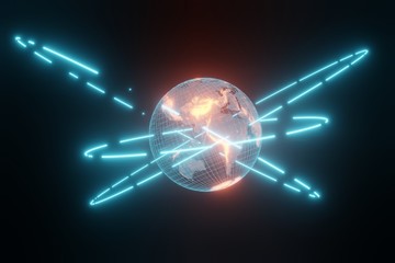Hologram planet earth with satellite orbits, communication and internet business concept. Futuristic visualization 3D Render.