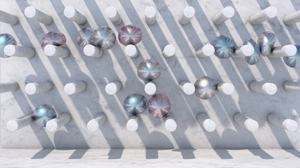 Marble wall, soft metallic balls falling. Abstract illustration, 3d rendering.