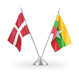 Myanmar and Denmark table flags isolated on white 3D rendering