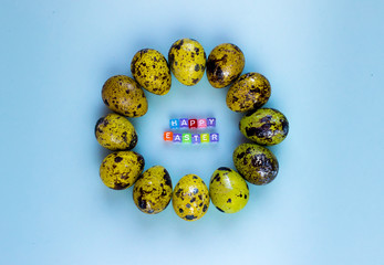 Happy Easter Flat Lay Background with Golden Eggs and Letters. Holiday Greeting Card or Banner.