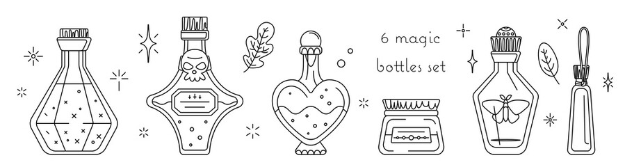Isolated vector set of bottles with potions. Magic tinctures in variety glass flasks and jars collection. Workshop of witch in line style