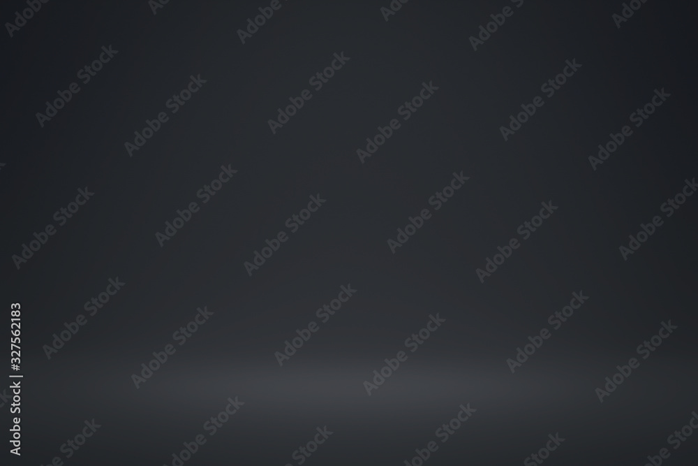 Poster Empty black background and spotlight in centre with studio for showing or design. Dark backdrop and abstract template.  Realistic 3D render.
