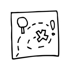 Handdrawn doodle map icon. lake, tree, route, dots. Hand drawn black sketch.