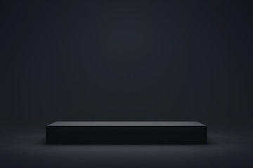 Black podium or pedestal display on dark background with long platform. Blank product shelf...