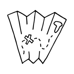 Handdrawn doodle map icon. lake, tree, route, dots. Hand drawn black sketch.