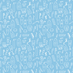 Bathroom and cosmetic set, make up, bathing, cleanliness seamless pattern. Hand drawn doodle background. Vector illustration.