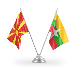 Myanmar and North Macedonia table flags isolated on white 3D rendering