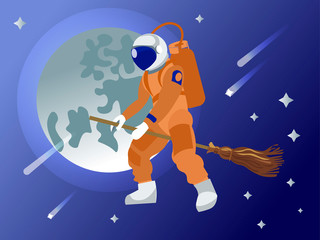 The astronaut flies on a broomstick in outer space. Fantasy. In minimalist style. Cartoon flat raster