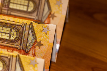 A close-up shot of several 50 (fifty) euro banknotes