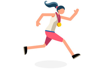 Female person celebrate summer games athletics medal. Sportive people celebrating track and field running team. Runner athlete symbol on victory celebration. Sports cartoon symbolic vector