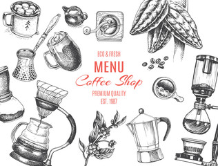 Illustration with an alternative way of brewing coffee. Alternative coffee brewing methods sketch.