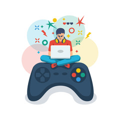 Video game, playing online. Gamer with a laptop sits on a big joystick. Young guy is playing an online game. Vector illustration flat design. Isolated on white background.